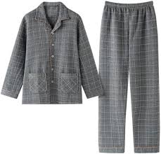 Mäns Rutig Knapp Pyjamas Set - Långärmad 2 Delar