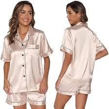 GAESHOW Dam Pyjamas Set i Satin Silke – Kortärmad Knappuppsättning