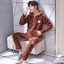 Korallfleece Pyjamas med Huva för Män och Ungdomar