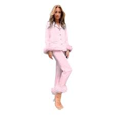Satinpyjamas för kvinnor med fjädertrim - Långärmad