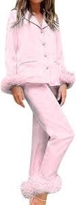 Fjäderpyjamas för kvinnor - Satinset med lång ärm