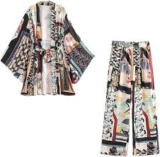 Dam 2-delars Kimono Set med Skjorta och Byxor